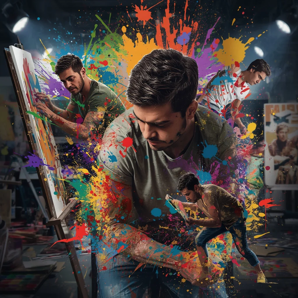 Dynamic Paint Splatter Collage: Energetic Male Artist | Simple photo prompt for men — AI image prompt