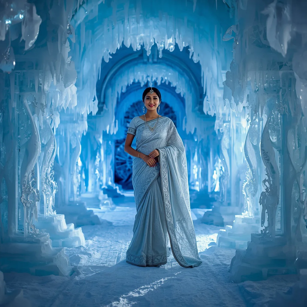 Enchanted Ice Palace: Magical Saree in Winter Wonderland | new viral prompt — AI image prompt