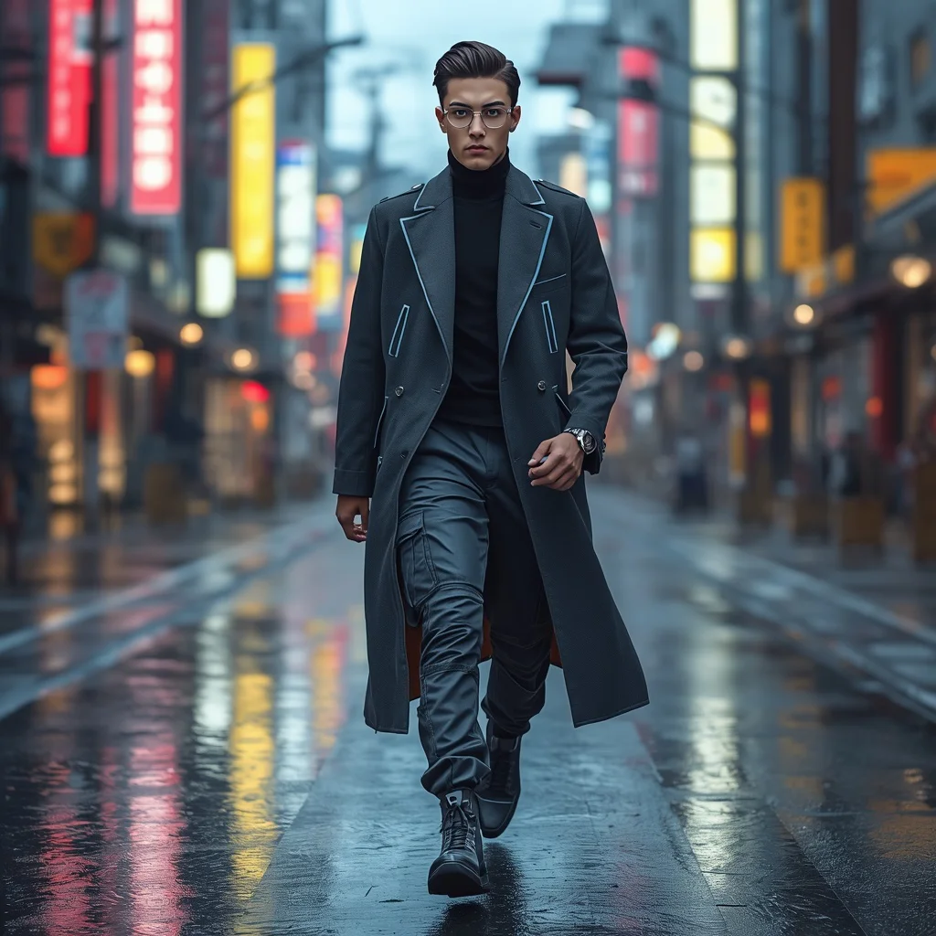 Future's Edge: A Tech Influencer Navigates Cyberpunk Tokyo Streets | men style ai prompt — AI image prompt