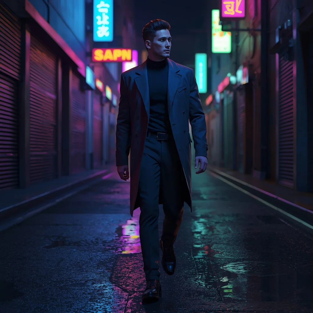 Modern Man in a Sleek, Glowing Cyberpunk Alley | Gemini traditional boy prompt — AI image prompt