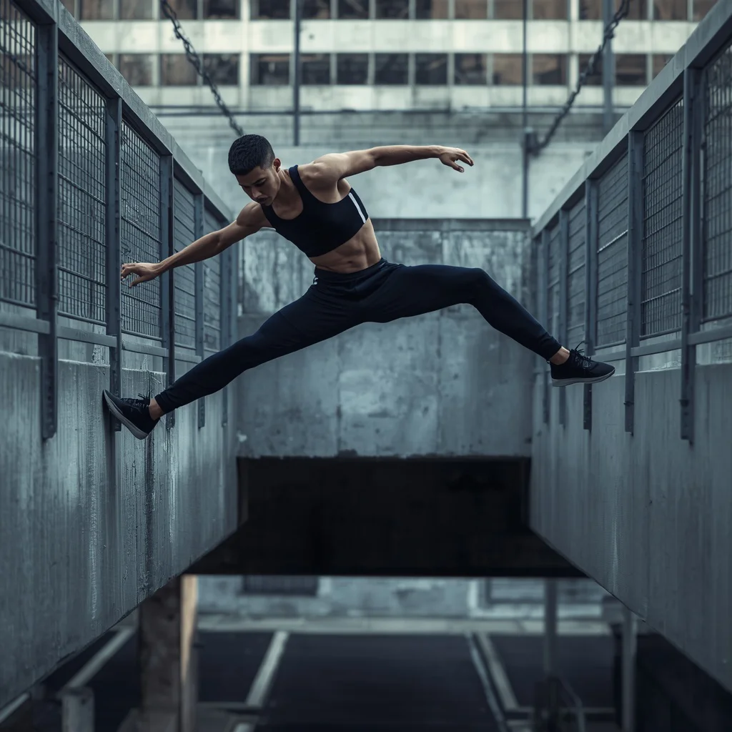 Parkour Athlete: Man Leaping Over Urban Obstacles | prompt engineering — AI image prompt