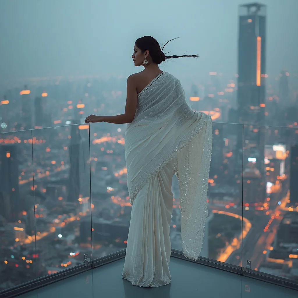 Quantum Cityscape Balcony: Premium Editorial Saree Vision | instagram prompt for girls in saree — AI image prompt