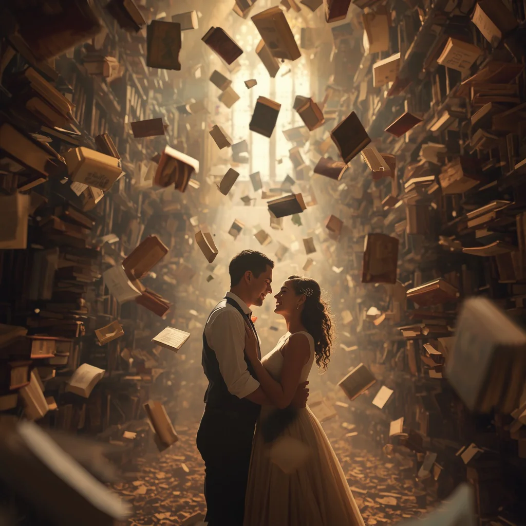 Romantic Couple Ancient Library Floating Books Magical Connection | Couple prompt ChatGPT trending — AI image prompt
