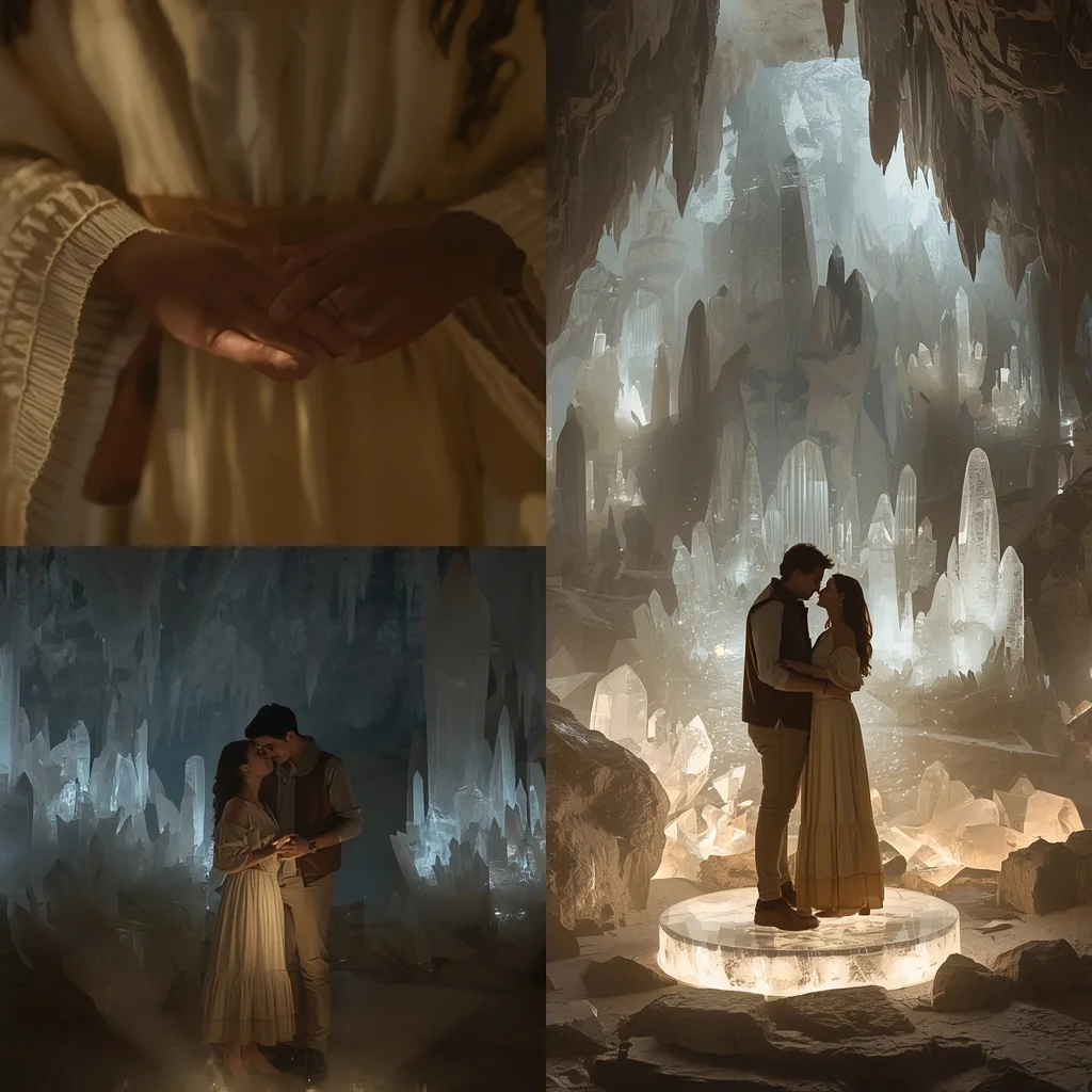 Romantic Couple Echoing Crystal Cavern Collage | Subterranean Serenity Prompt | Romantic couple AI prompt ChatGPT — AI image prompt