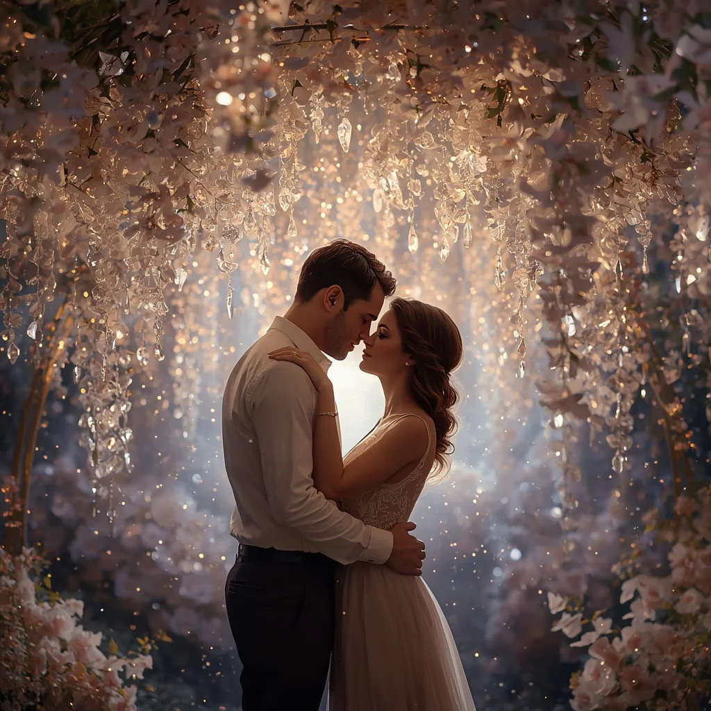 Romantic Couple Embracing Under a Canopy of Cascading Crystal Flowers | Prompt seen couple hug — AI image prompt