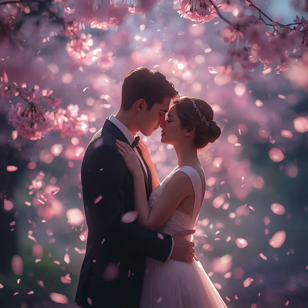 Romantic Couple Embracing Under a Cherry Blossom Galaxy Rain | Romantic couple AI prompt copy and paste — AI image prompt