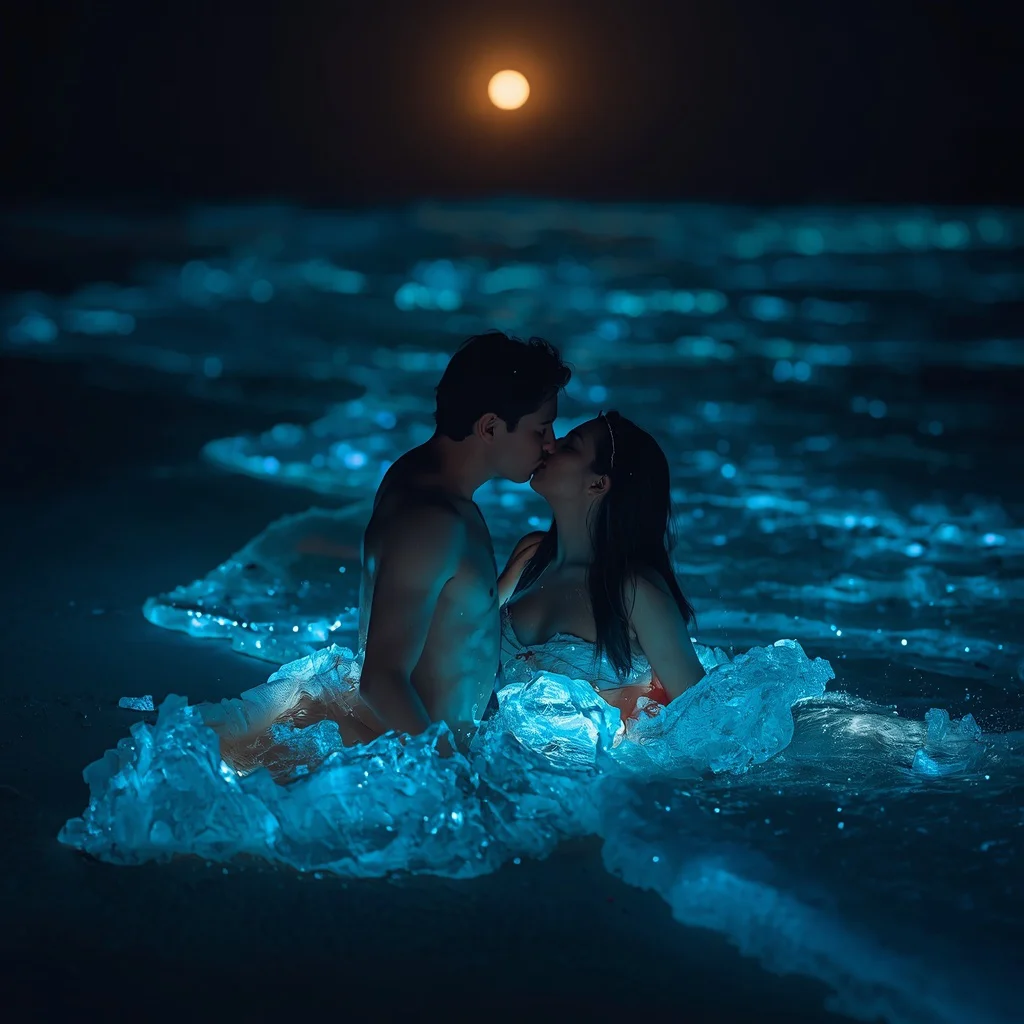 Romantic Couple Kissing Under Bioluminescent Waves Beach | Prompt for photo editing trending — AI image prompt