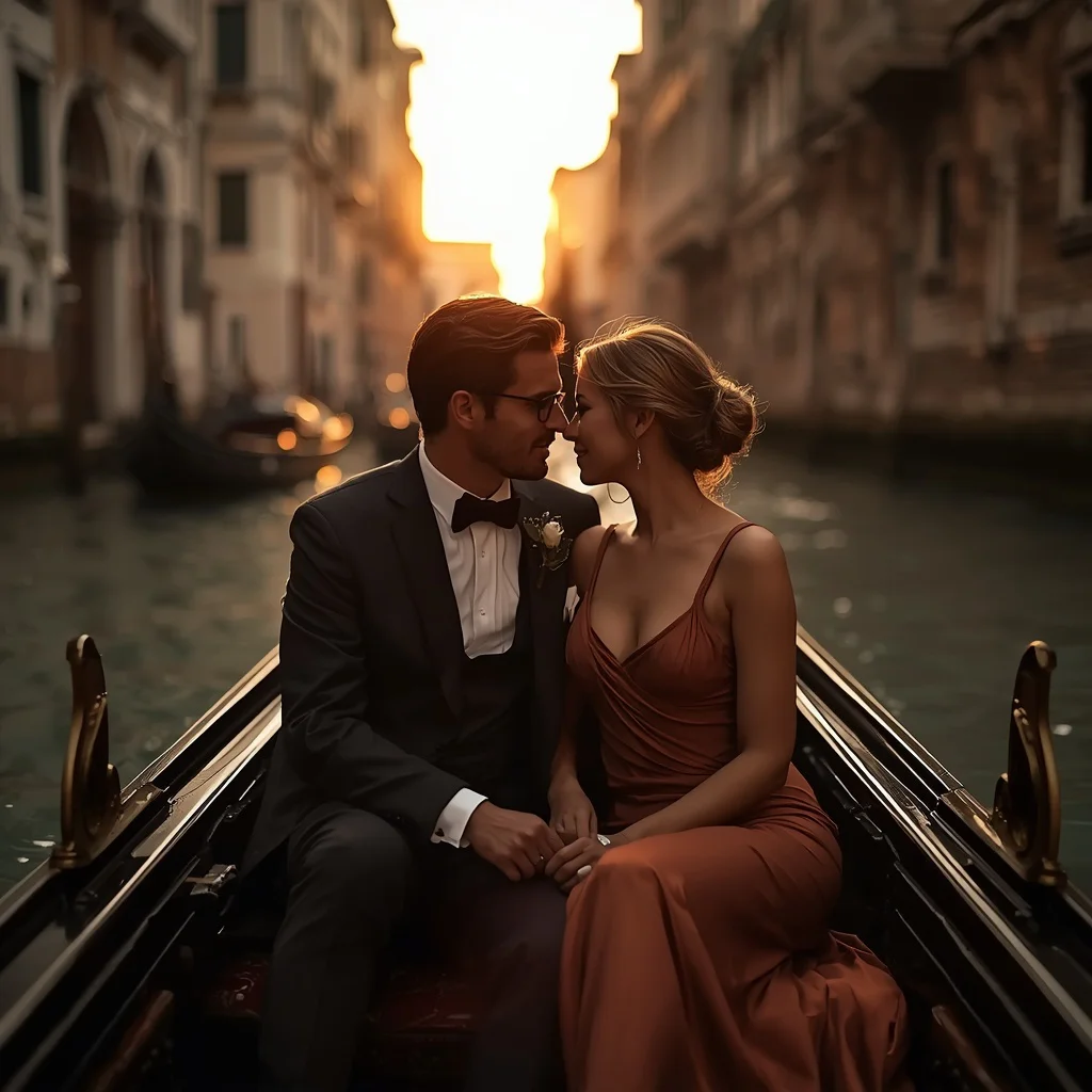 Romantic Couple Shared Gaze in Gondola Venice Sunset | AI photo editing prompt new trend — AI image prompt