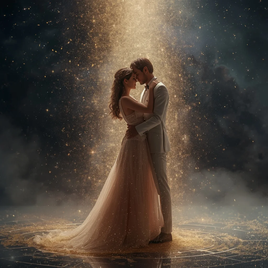 Romantic Couple Stardust Embrace Cosmic Love Story Cinematic | Prompt seen romantic Couple AI photo Editing online — AI image prompt