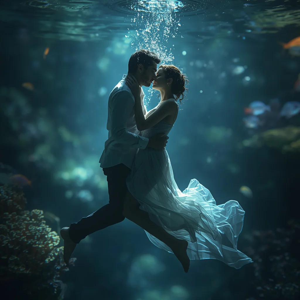 Romantic Couple Underwater Garden Ethereal Embrace Cinematic | couple photography ai prompt — AI image prompt