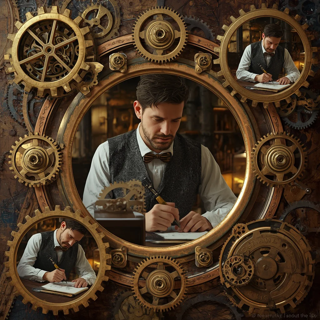 Steampunk Gearwork Collage: Inventive Male Engineer's Workshop | instagram viral photo prompt — AI image prompt