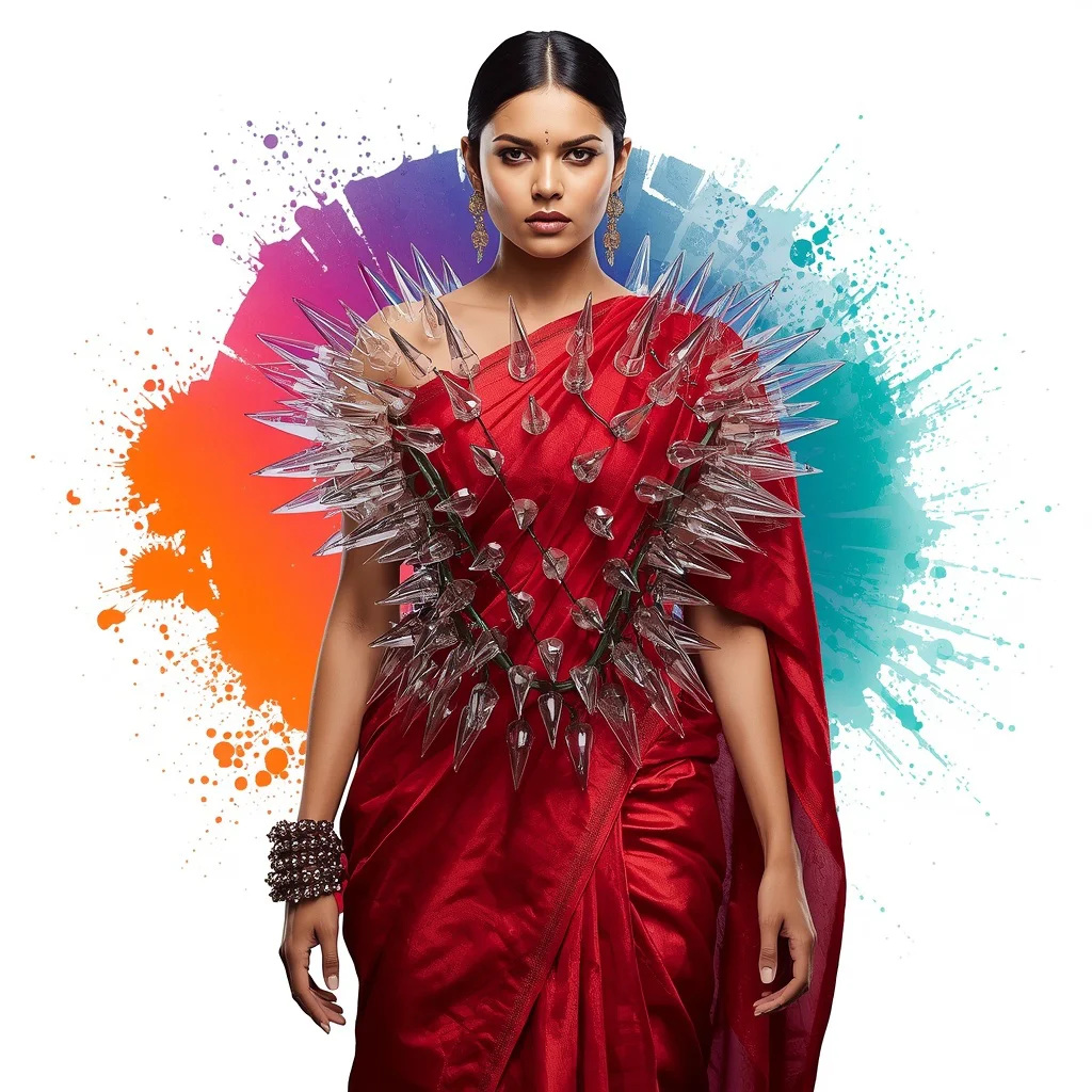 Striking Premium Design Portrait: Indian Woman in Crimson Glass-Spike Saree | ai photo prompt for girls college — AI image prompt