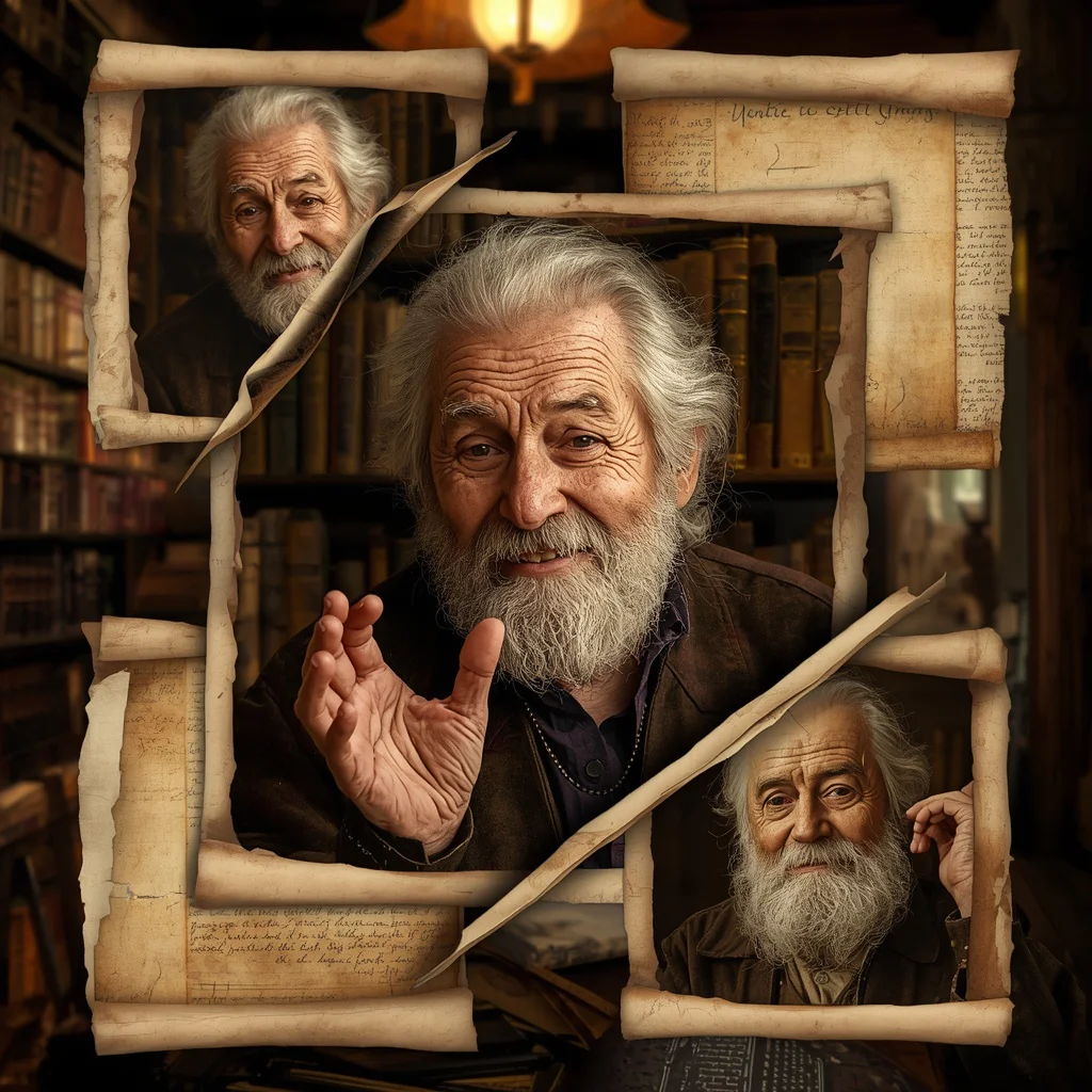 Time-Worn Parchment Collage: Wise Old Man's Ancient Tales | Men prompt generator free — AI image prompt
