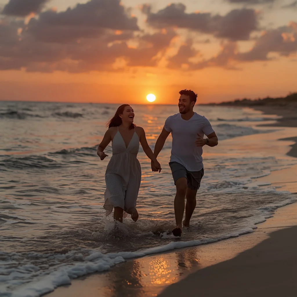 A Couple's Playful Beach Run at Sunset with Laughter — AI image prompt