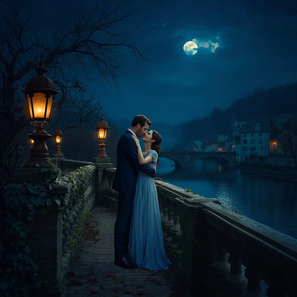 A Couple's Romantic Moonlit Embrace on an Ancient Bridge — AI image prompt