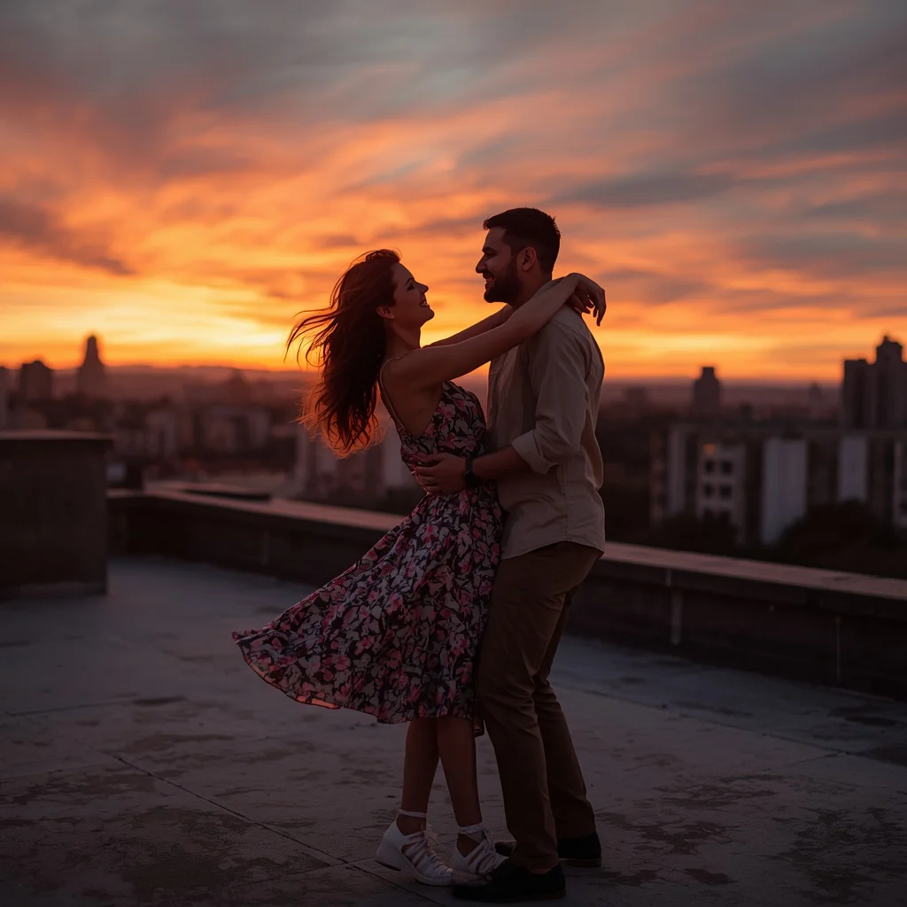 A Couple's Romantic Sunset Dance on a Rooftop — AI image prompt