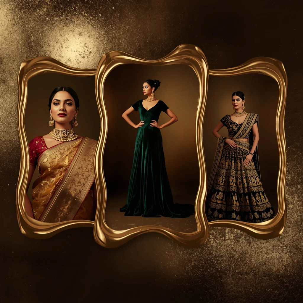 A Molten Gold Frame Collage Emphasizing Luxurious Indian Festive Silhouettes — AI image prompt