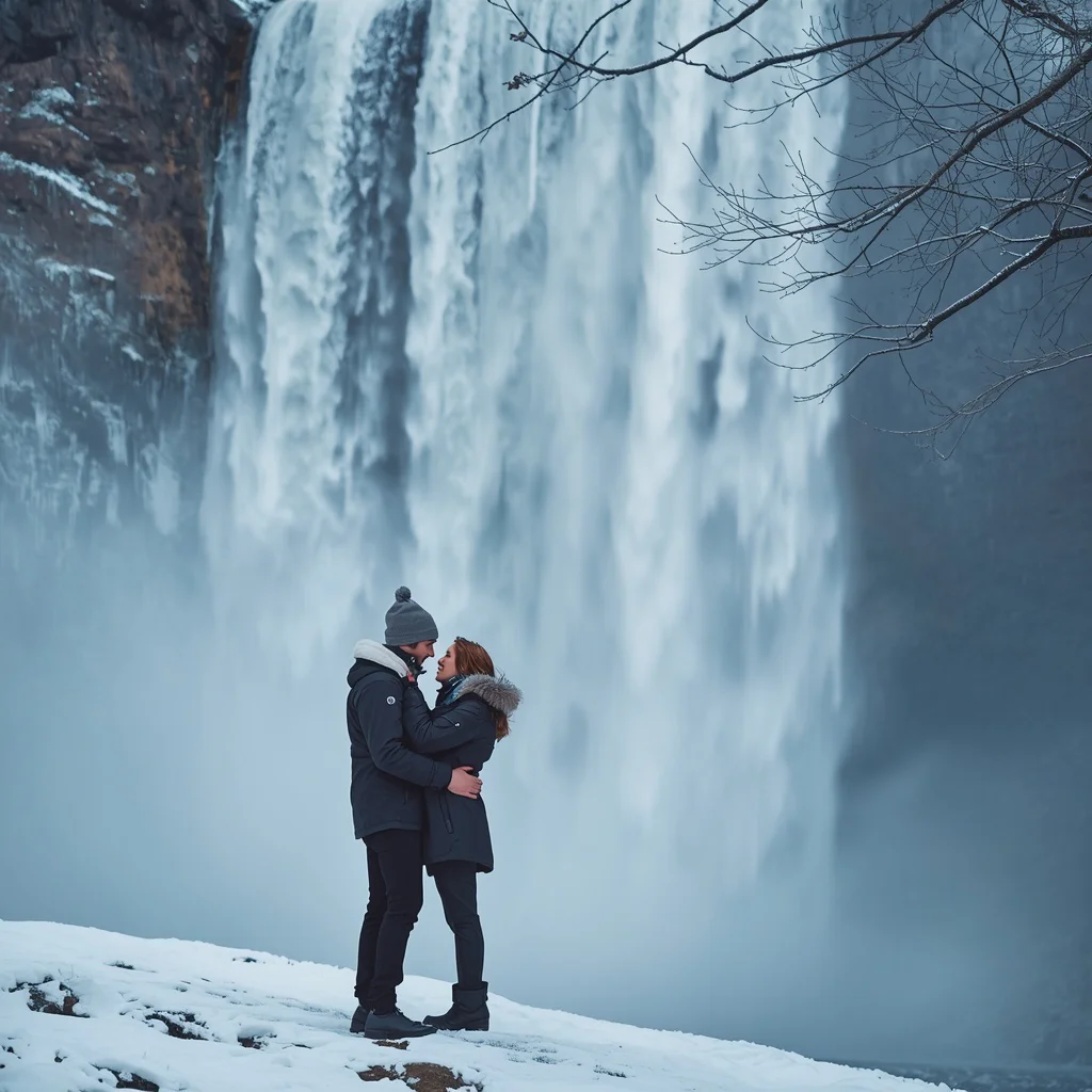 A Romantic Couple's Embrace by a Snowy Waterfall — AI image prompt