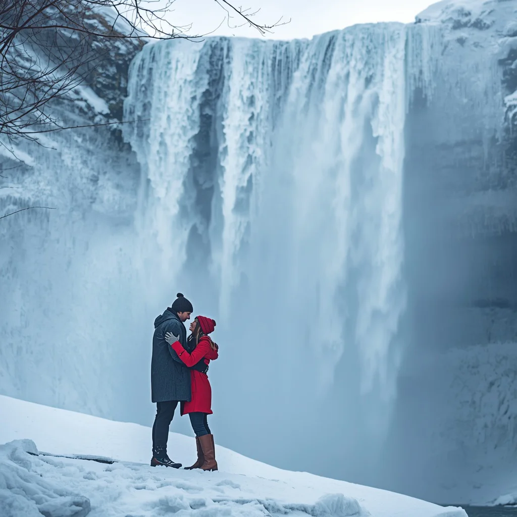 A Romantic Couple's Embrace by a Snowy Waterfall — AI image prompt