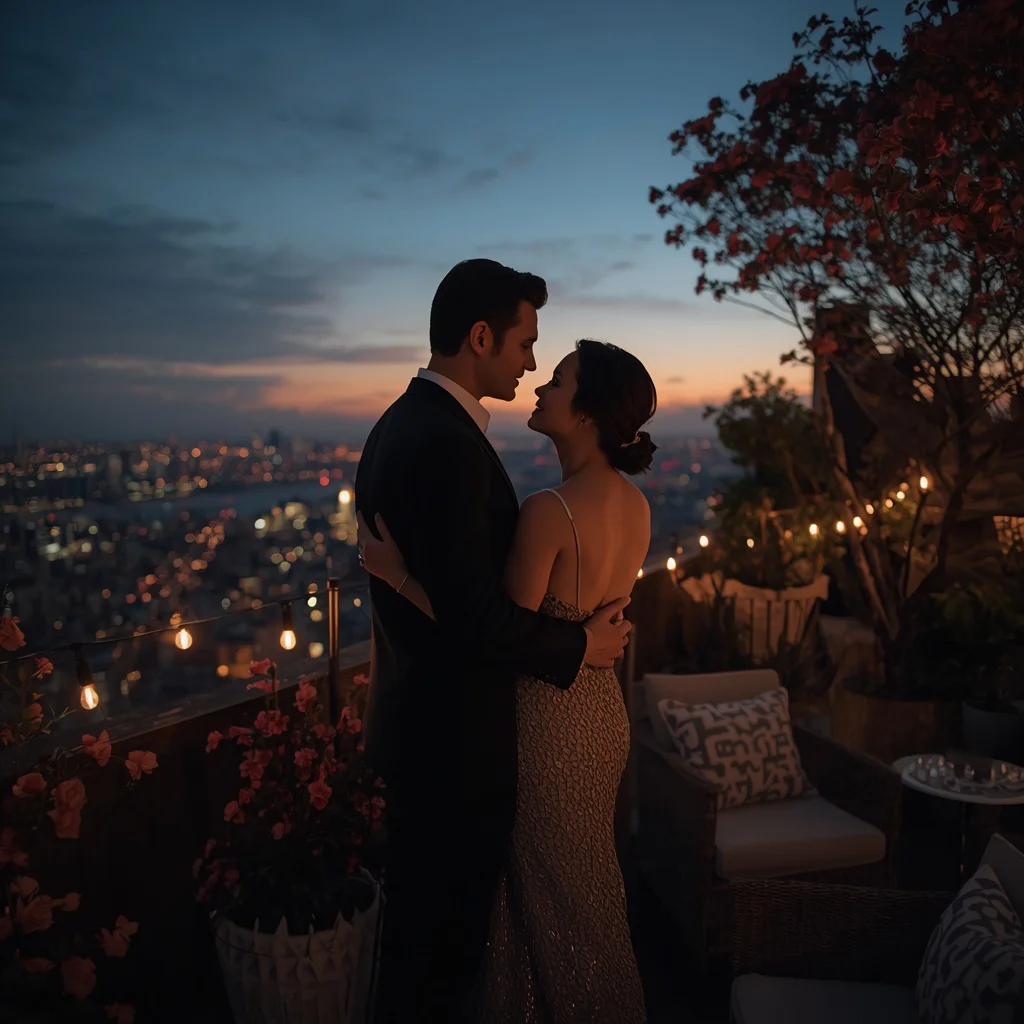 A Romantic Couple's Embrace on a Rooftop Garden — AI image prompt