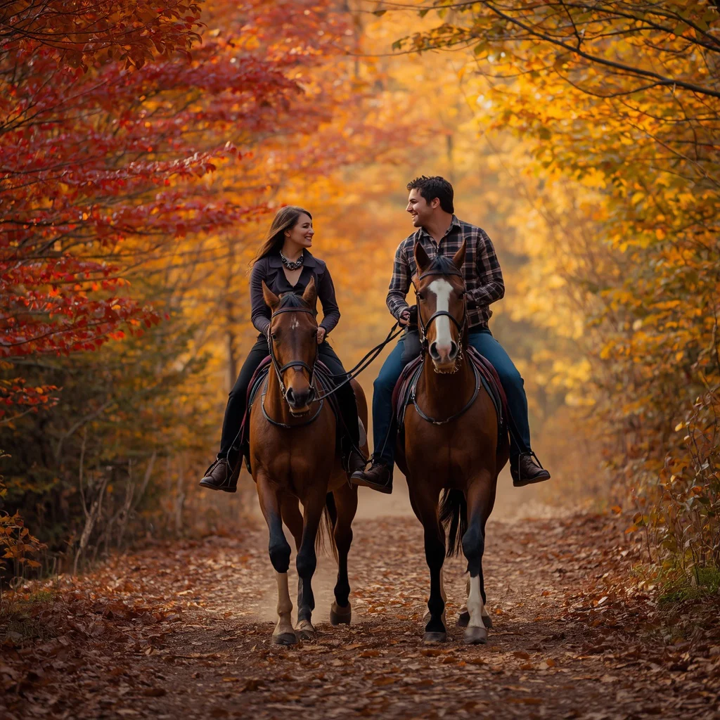 A Romantic Couple's Horseback Ride Through Autumn Woods — AI image prompt