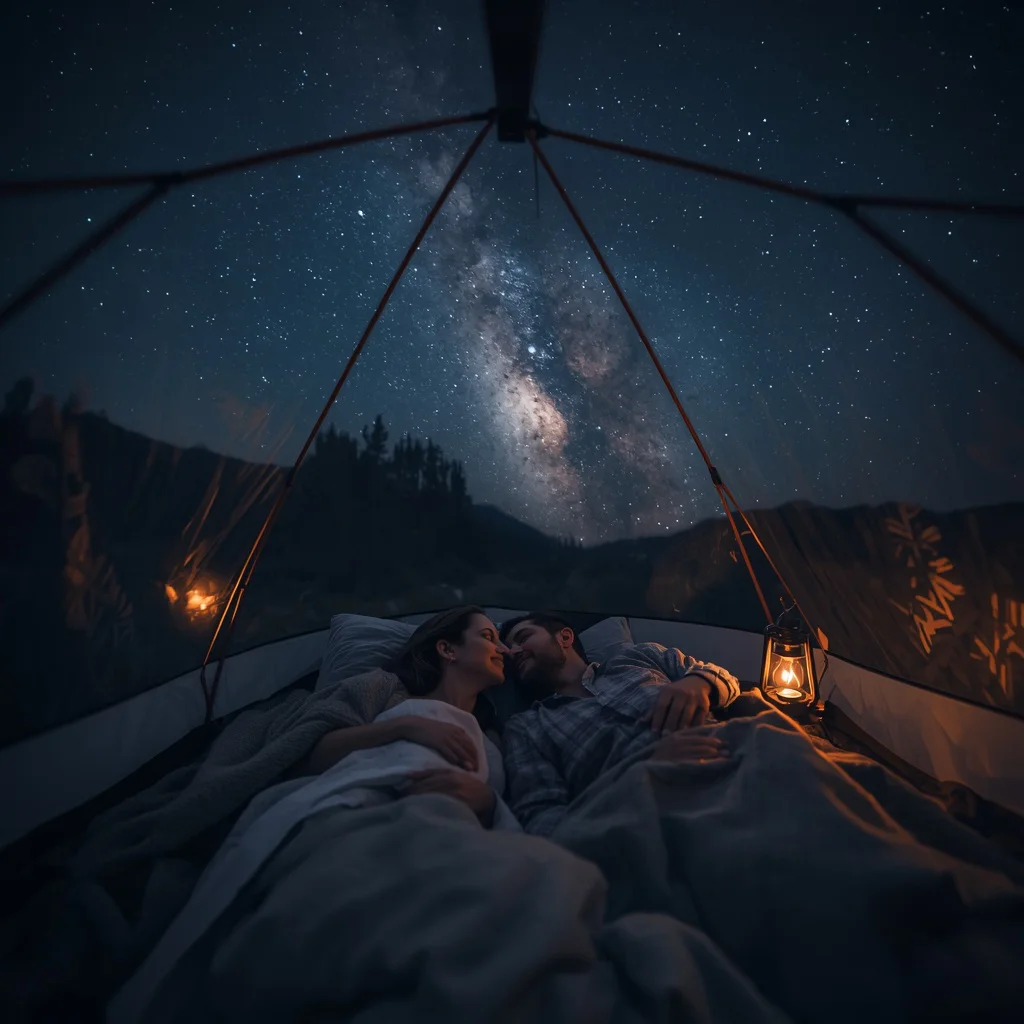 A Romantic Couple's Shared Stargazing in a Tent — AI image prompt
