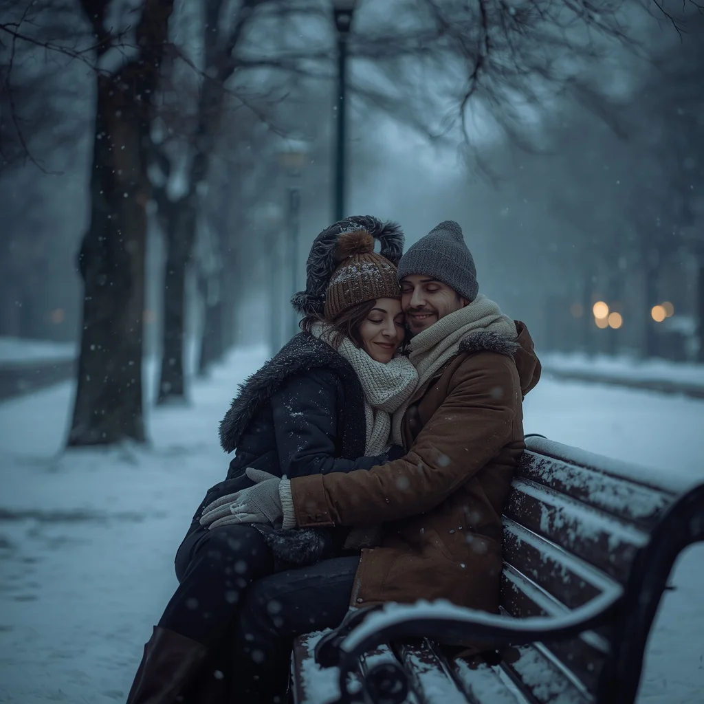 A Romantic Couple's Snowy Park Bench Embrace — AI image prompt