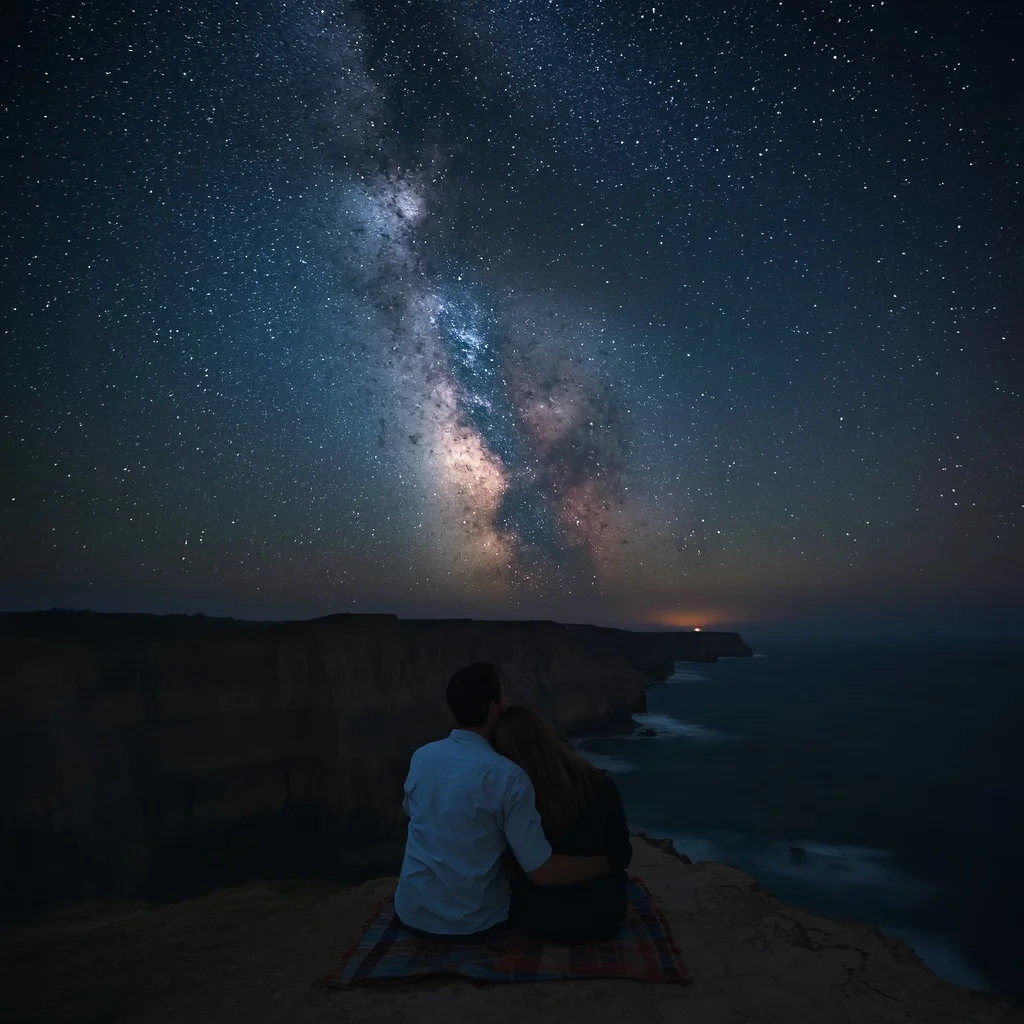 A Romantic Couple's Stargazing on a Coastal Cliff — AI image prompt