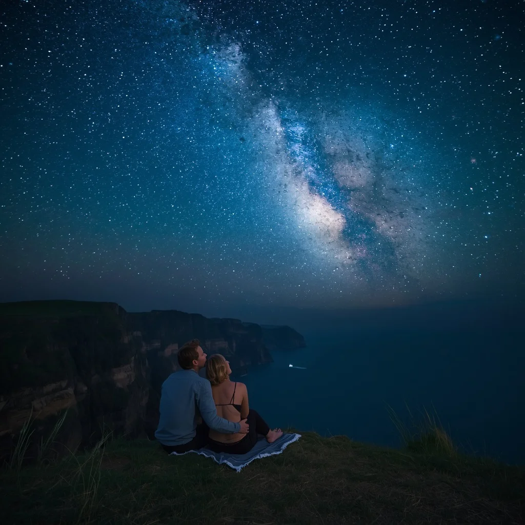 A Romantic Couple's Stargazing on a Coastal Cliff — AI image prompt