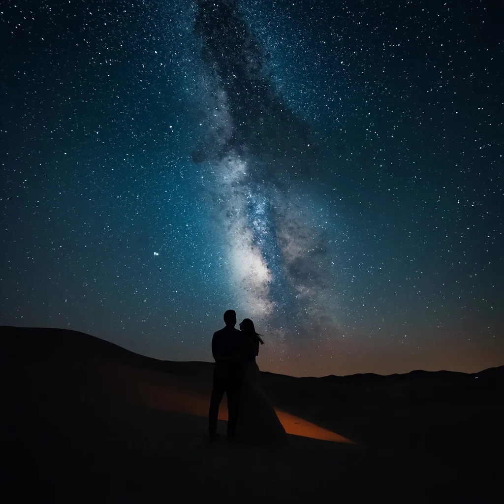 A Romantic Embrace: Couple Under a Starry Desert Sky — AI image prompt