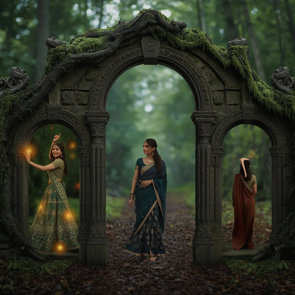 An Ancient Forest Gate Portal Collage Featuring Mystical Indian Festive Journeys — AI image prompt