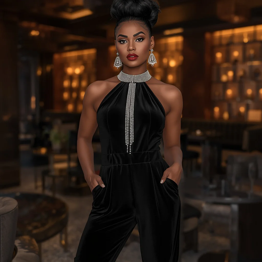Chic Black Velvet Jumpsuit with Crystal Embellishments for a Stylish Event — AI image prompt