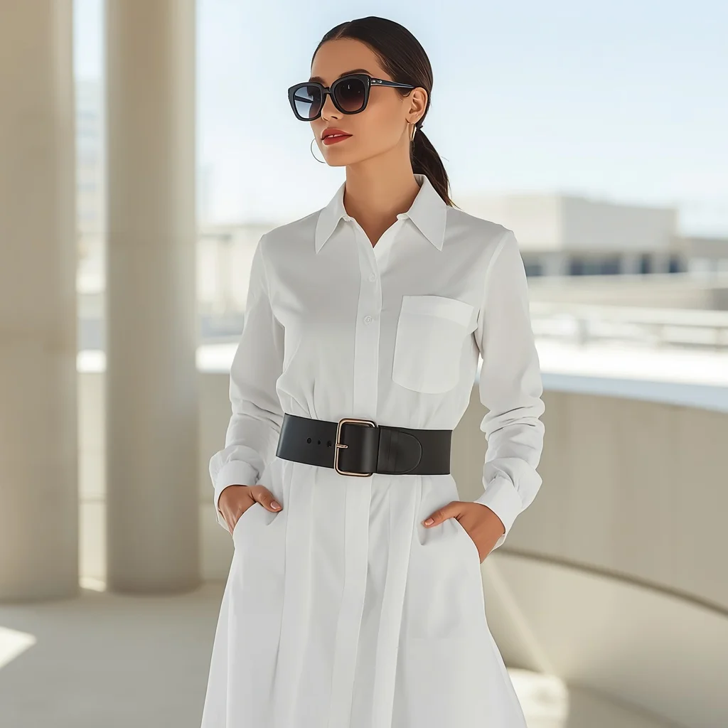 Chic White Shirt Dress with Structured Belt for a Stylish Day-to-Night Party — AI image prompt