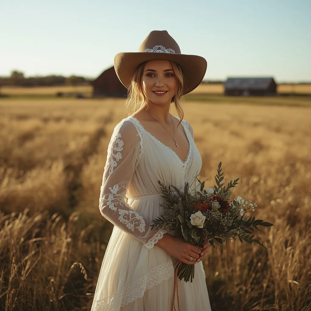 Country Chic Bride: A Woman in a Western Wedding Dress — AI image prompt