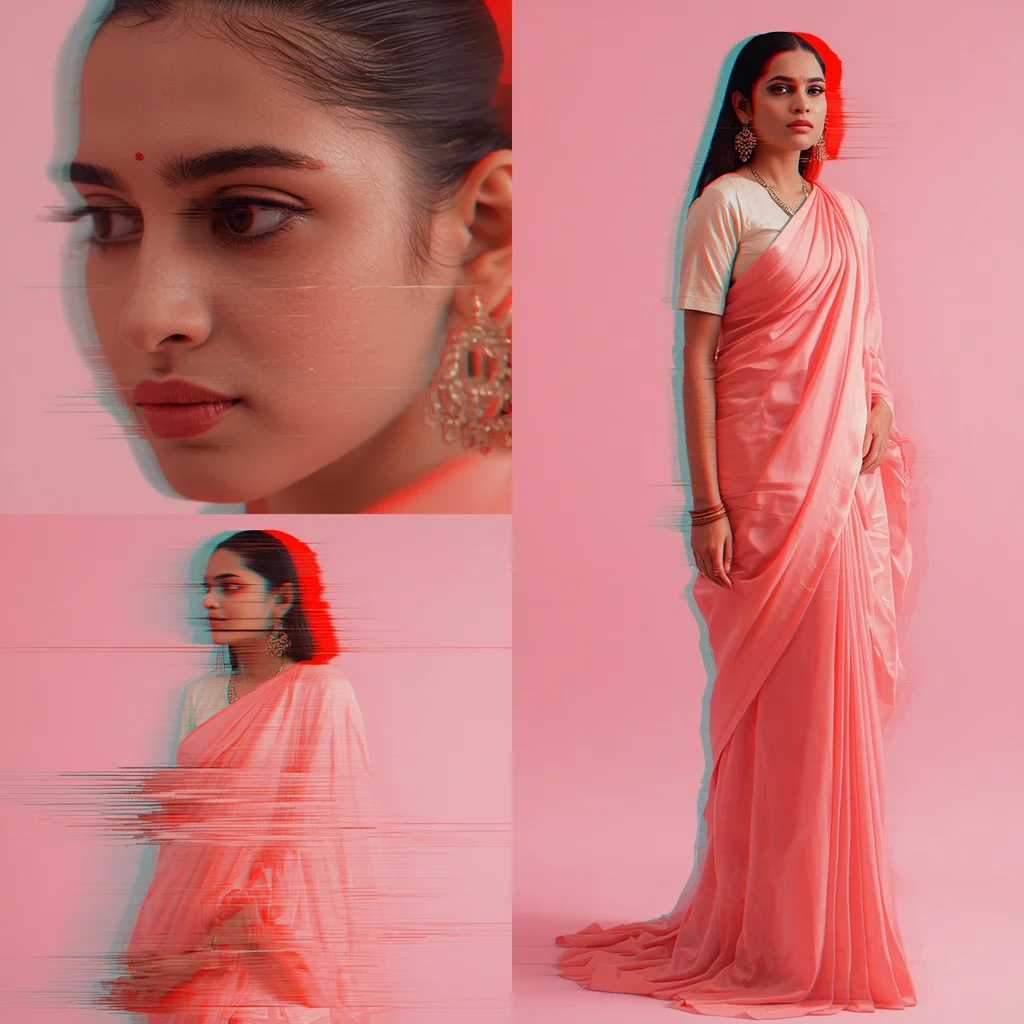 Digital Glitch Art: Indian Woman in Distorted Pastel Saree — AI image prompt