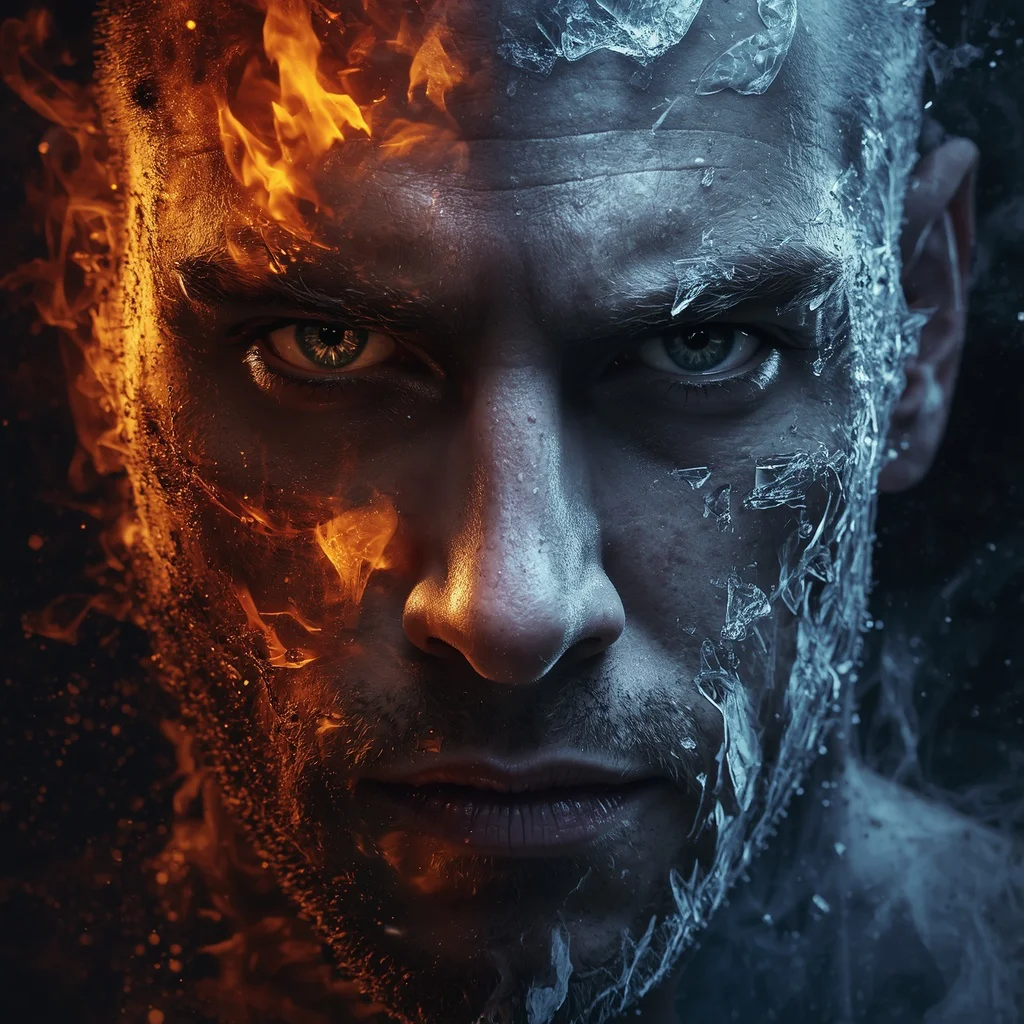 Duality of Elements: A Man's Face Split by Fire and Ice — AI image prompt