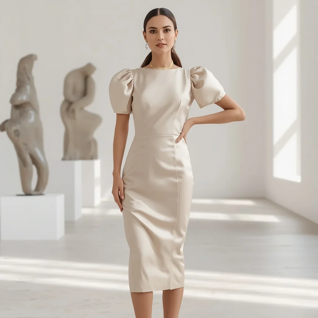 Elegant Cream Satin Midi Dress with Modern Sculptural Sleeves for a Sophisticated Gathering — AI image prompt