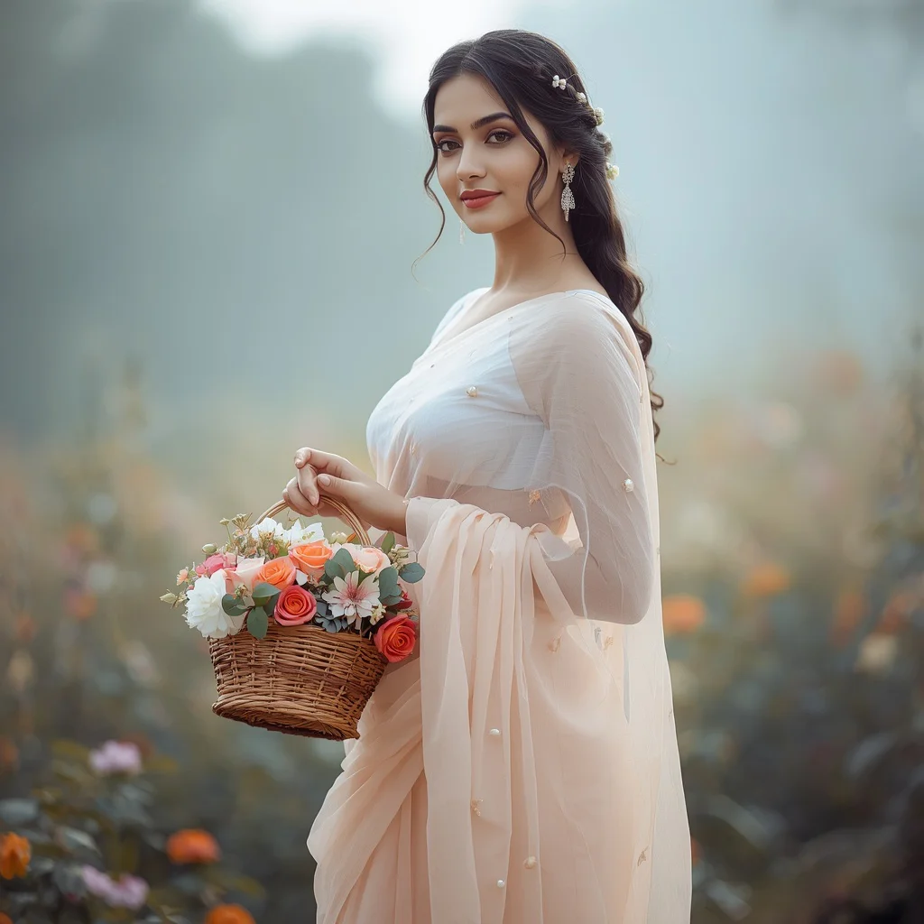 Elegant Indian Woman with a Basket of Flowers in a Pastel Organza Saree — AI image prompt