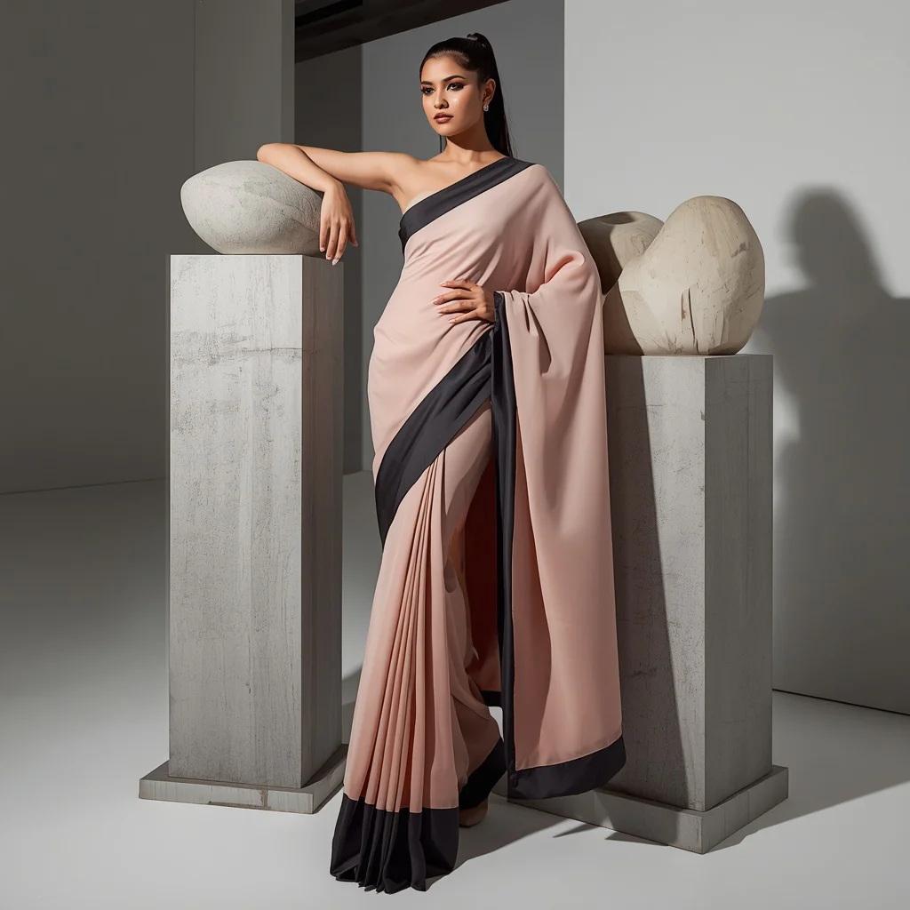Fashionable Indian Woman Posing with Sculptures in a Pastel Crepe Saree — AI image prompt