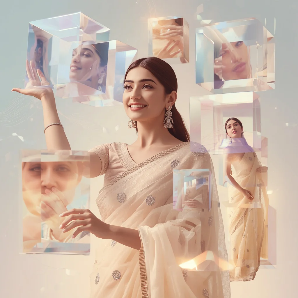 Futuristic Indian Woman with Interacting Holographic Light Cubes — AI image prompt