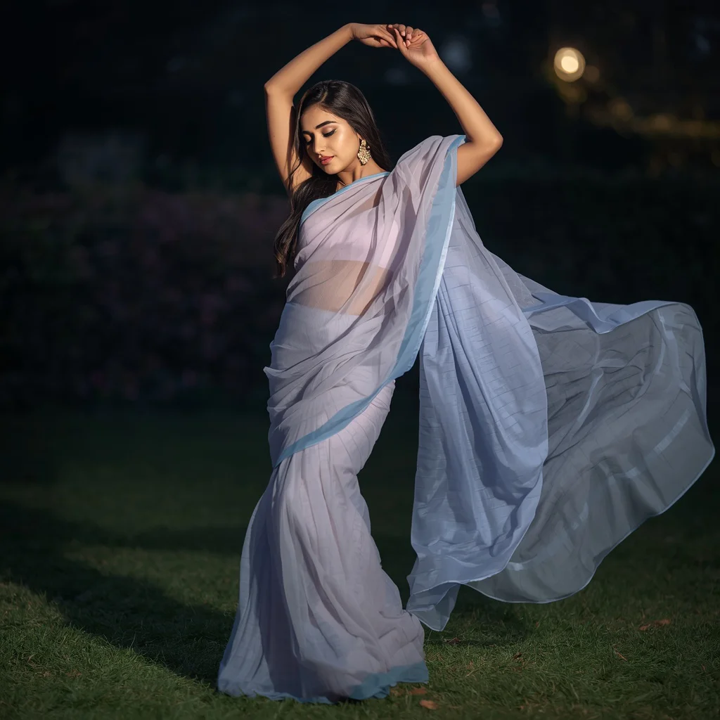 Graceful Indian Woman Dancing in a Flowing Pastel Chiffon Saree in Moonlight — AI image prompt