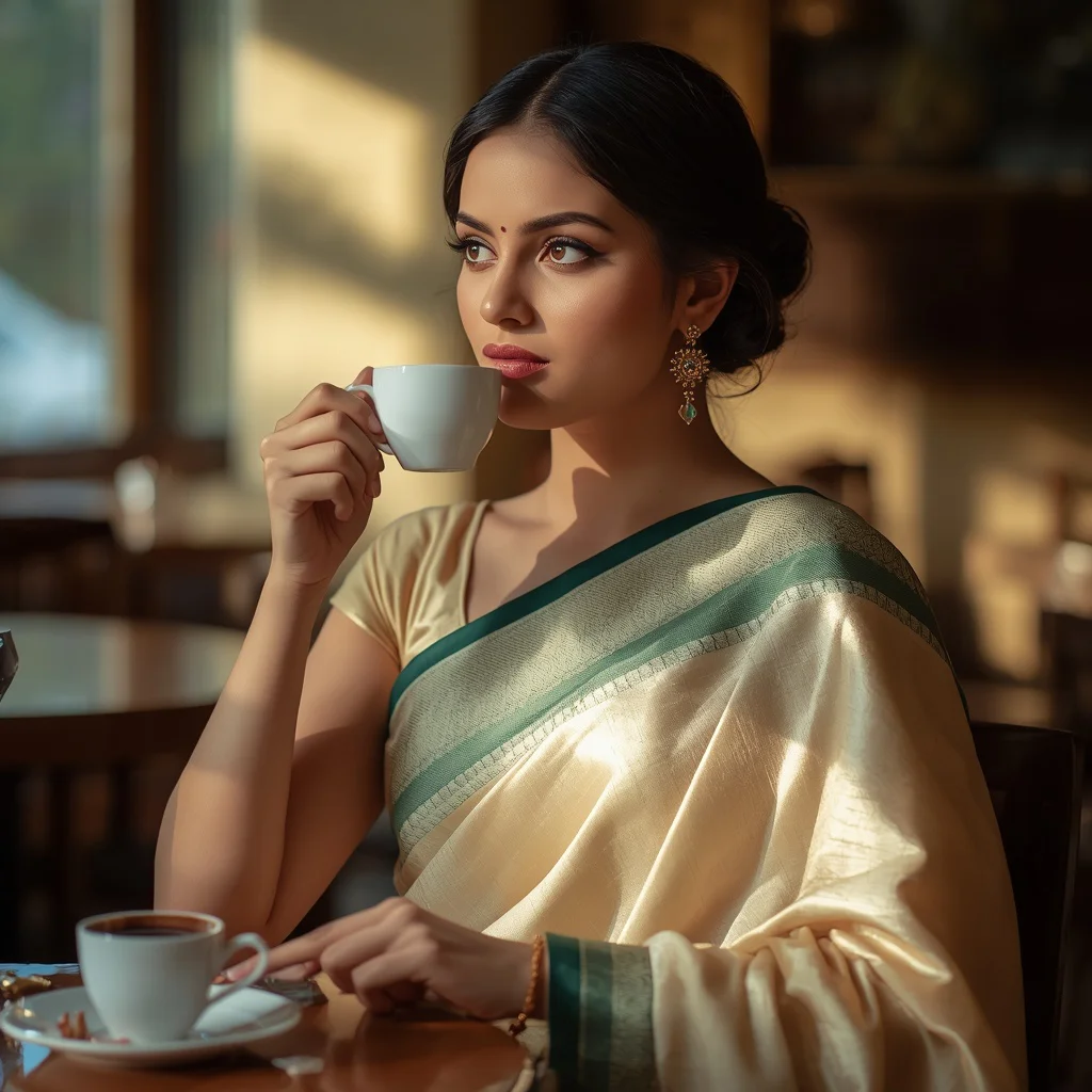 Graceful Indian Woman Sipping Coffee in a Pastel Mysore Silk Saree — AI image prompt