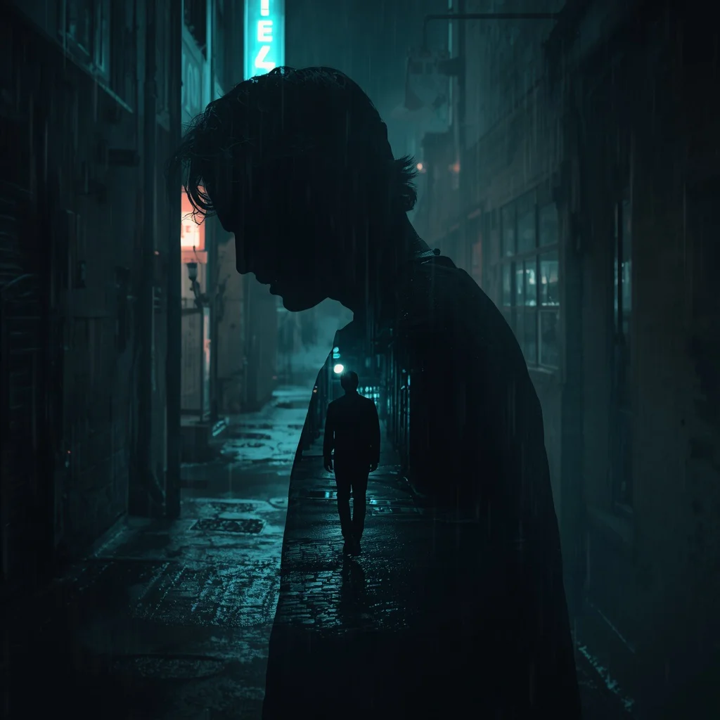 Gritty Man's Silhouette Against a Rainy, Neon City Night — AI image prompt