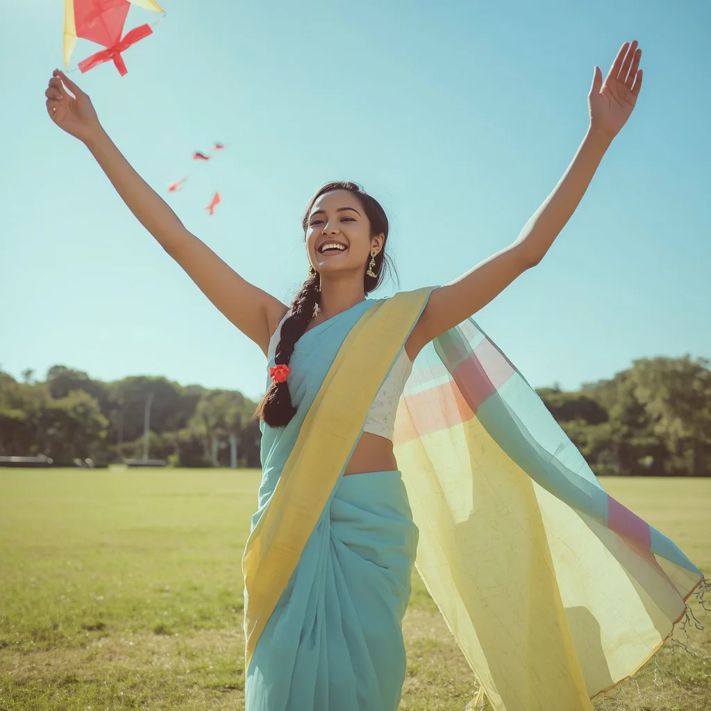 Joyful Indian Woman Playing with a Kite in a Pastel Handloom Saree Happily — AI image prompt