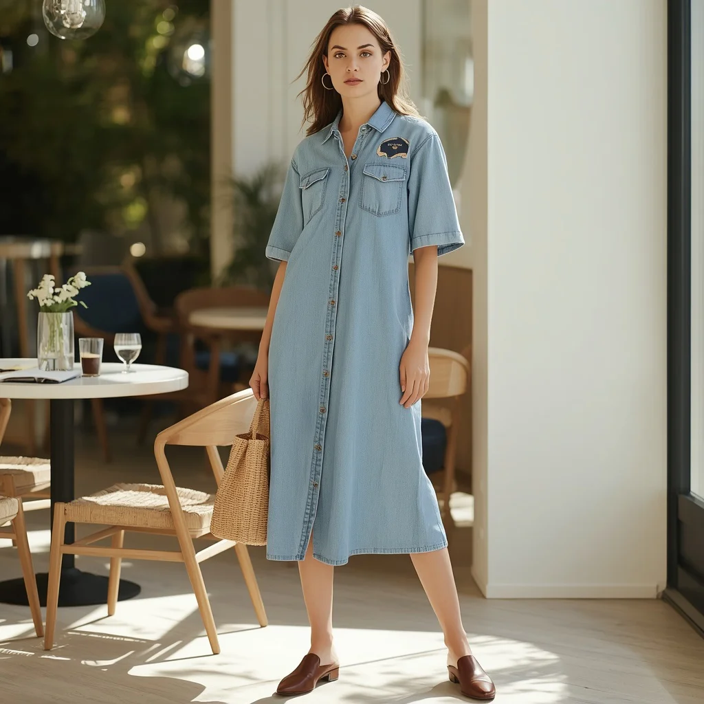 Latest Fashion: Western-Inspired Denim A-Line Midi Dress with Patches — AI image prompt