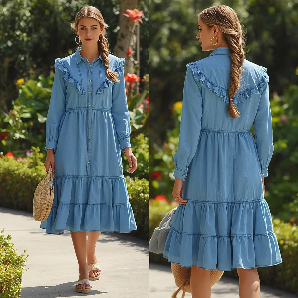 Latest Fashion: Western-Inspired Denim Shirtdress with Tiered Skirt and Ruffles — AI image prompt