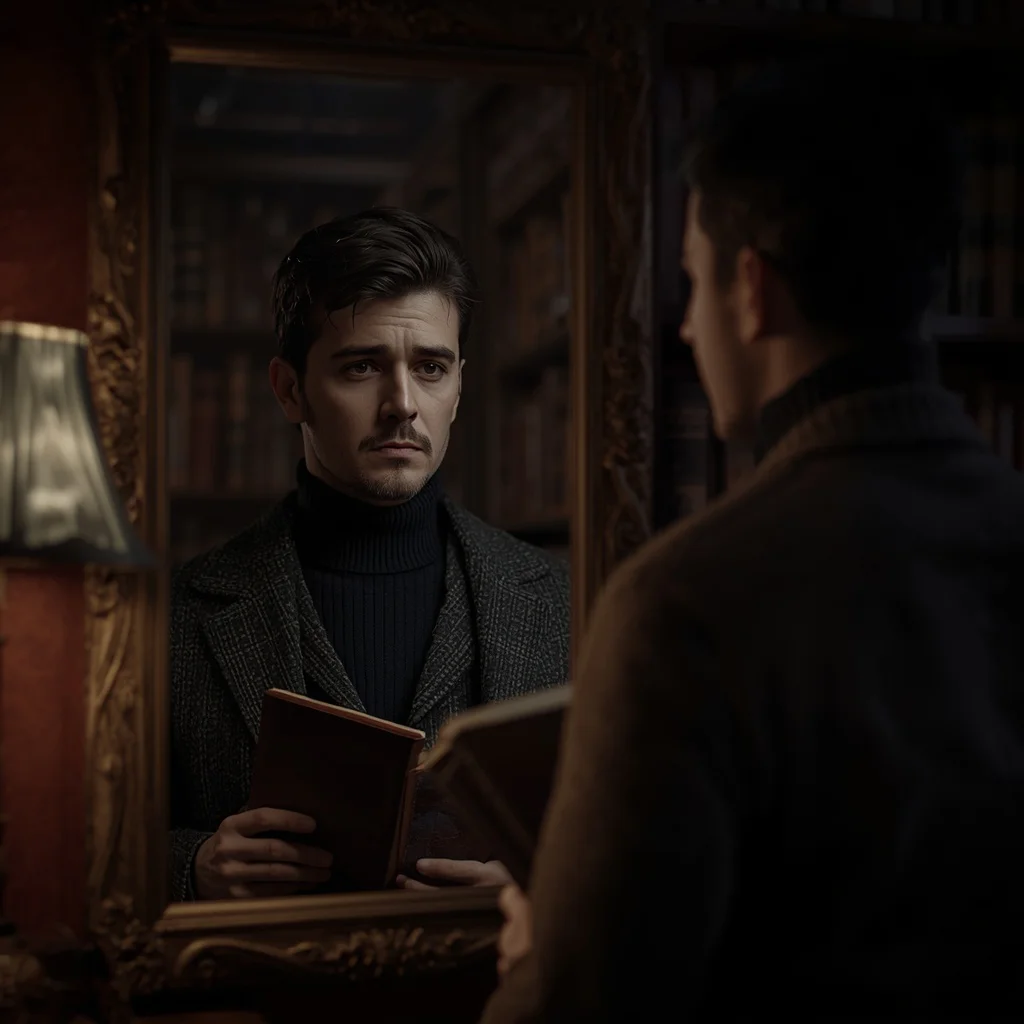 Man's Dark Academia Library Reflection Portrait — AI image prompt