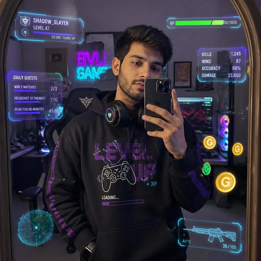Man's Gaming Enthusiast Mirror Selfie with AR Overlay — AI image prompt