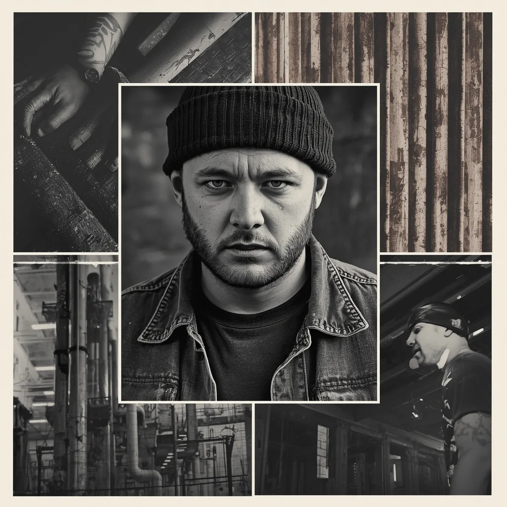 Man's Monochromatic Grunge Industrial Collage — AI image prompt