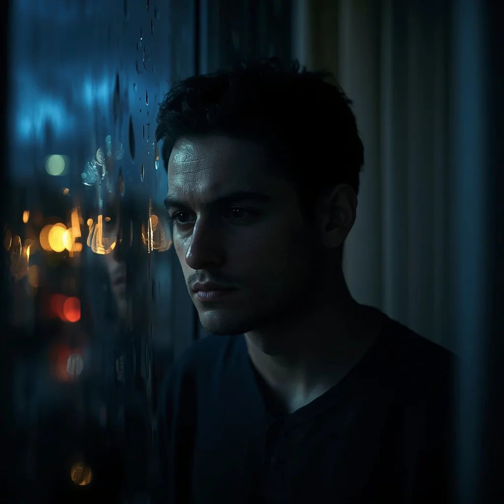 Man's Moody Rainy Window Reflection Portrait — AI image prompt